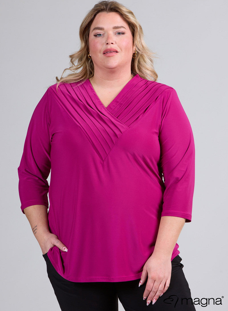 B-2501 PLEATED V-NECK 3/4 SLVE JERSEY TOP Magenta