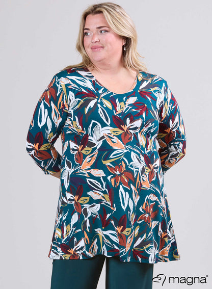 B6004-Vp-Mb Print O-Neck 3/4 Slve Tunic Teal