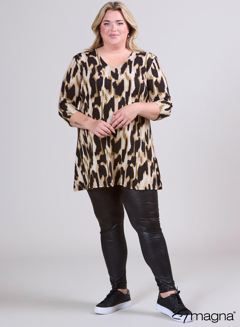 B6004-Vp-Mb Print O-Neck 3/4 Slve Tunic Brown