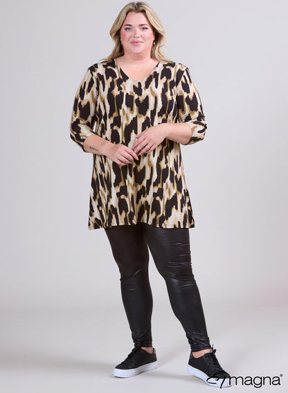B6004-Vp-Mb Print O-Neck 3/4 Slve Tunic Brown