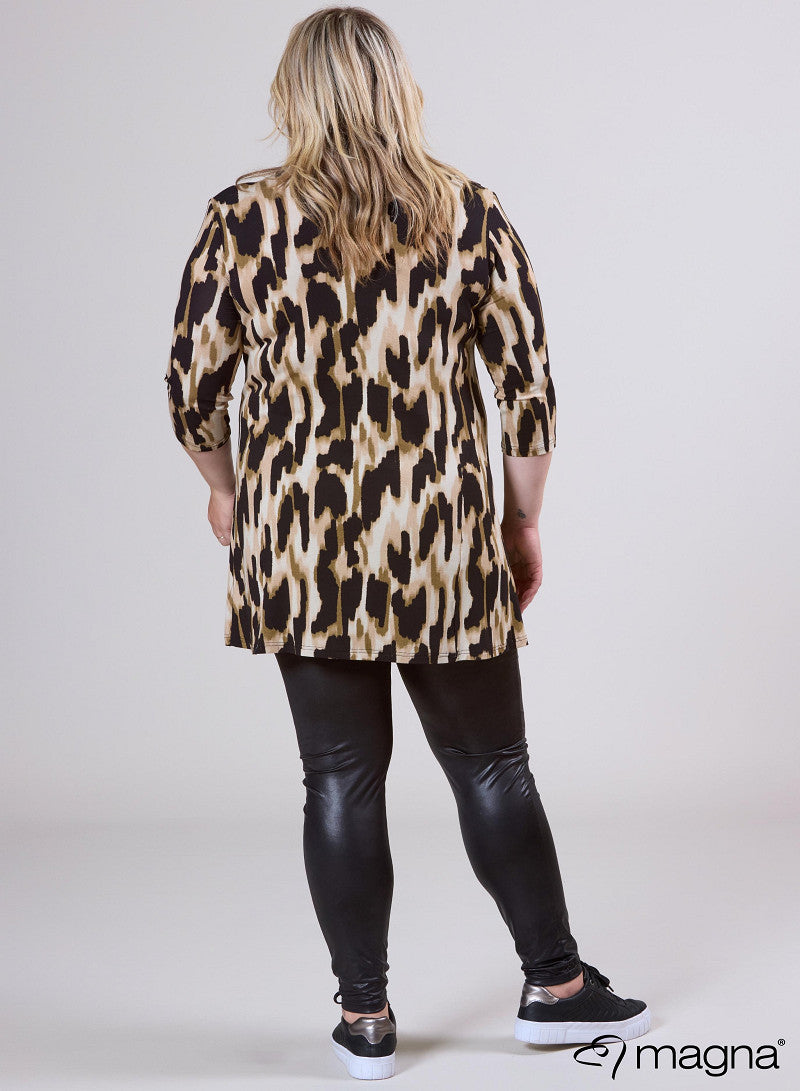 B6004-Vp-Mb Print O-Neck 3/4 Slve Tunic Brown