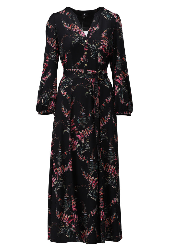 B322 Maxi Dress Coloured Leaf Print Black/Pink