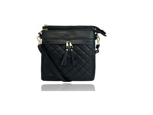 Bg2416-059 Multi Zip Quilted Cb Mess Bag Black