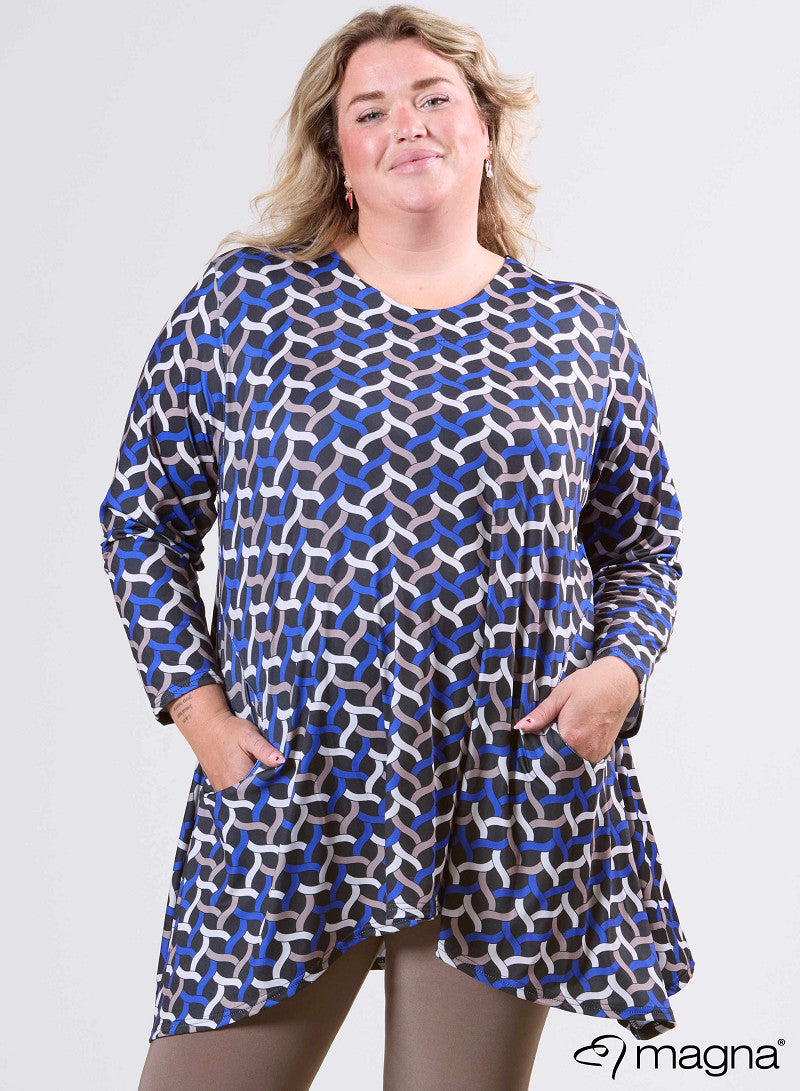 C-4051 Print Pocket Tunic Top Cobalt Blue