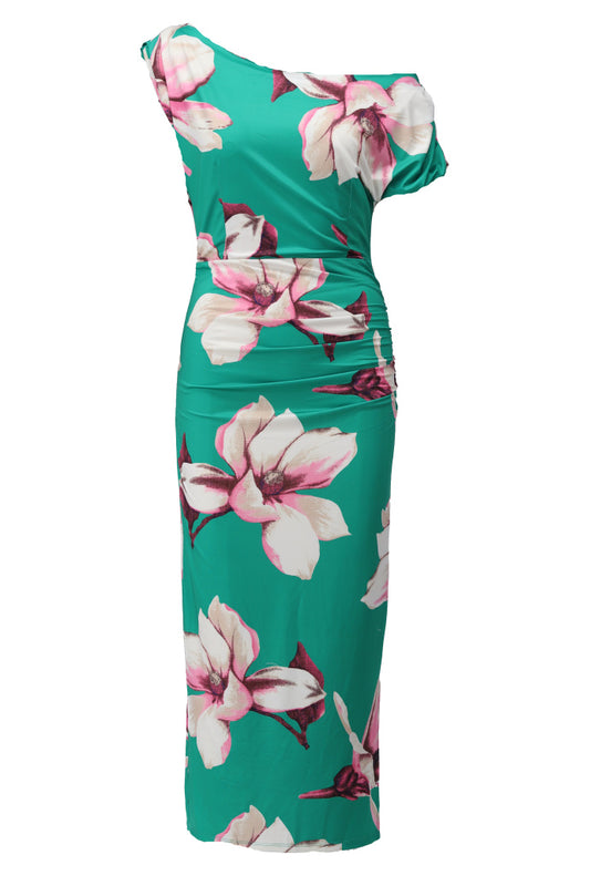 C100 Off The Shoulder Dress With Design Green