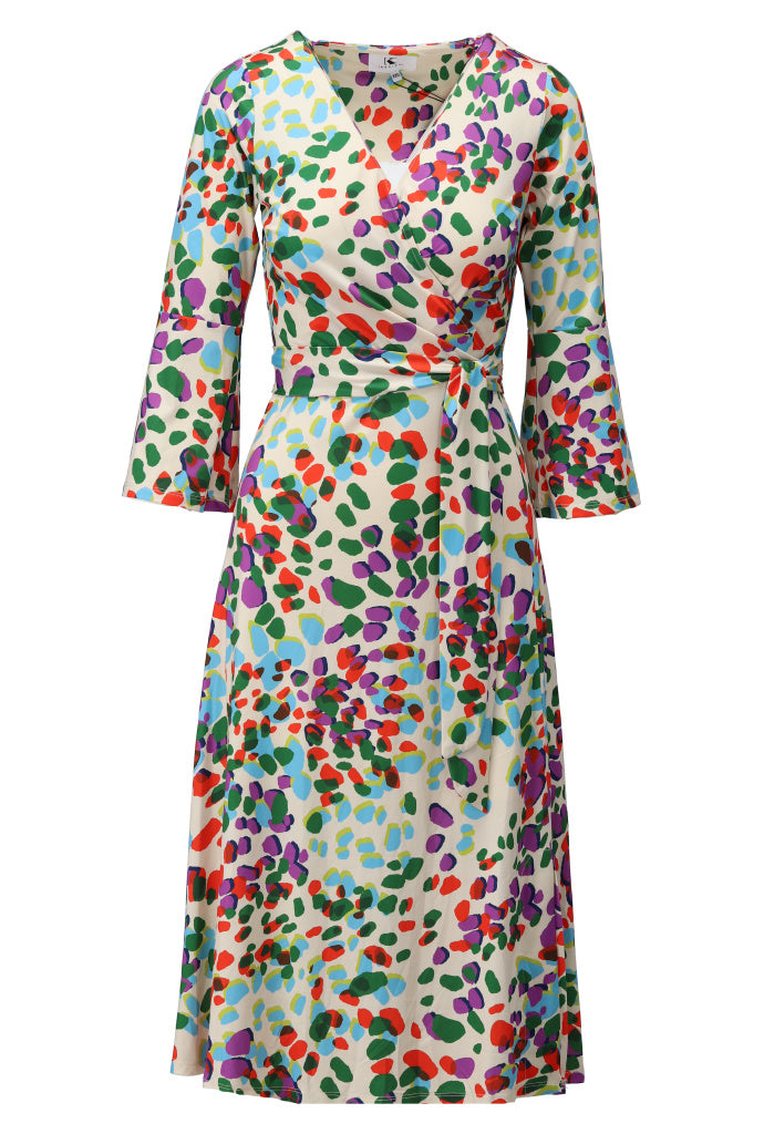 C116 Spot Print Midi Mock Wrap 3/4 Slve Multi Colour