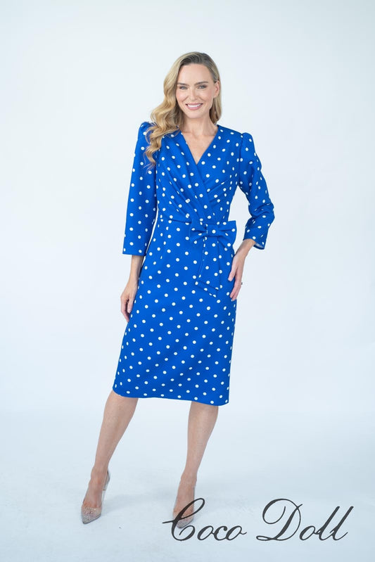 Cd44 Terri Spot Dress Bow 3/4 Slve Royal Blue