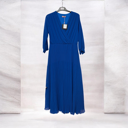 Cds19 Chiffon Pleat 3/4 Slve Midi Dress Royal Blue