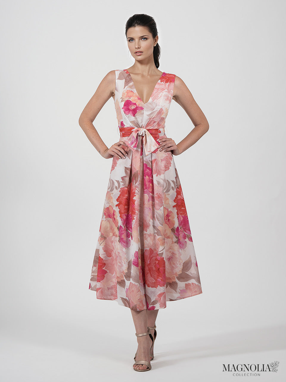 1030.15 Chiffon Floral Print Bow Detail Pink