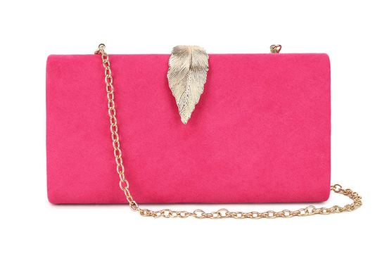 Ct2991 Faux Suede Leaf Clasp Clutch Bag Fushia
