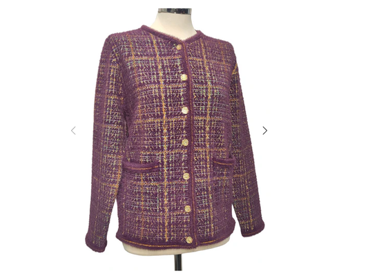 Dm184 Check Cardigan With Fur Trim Purple