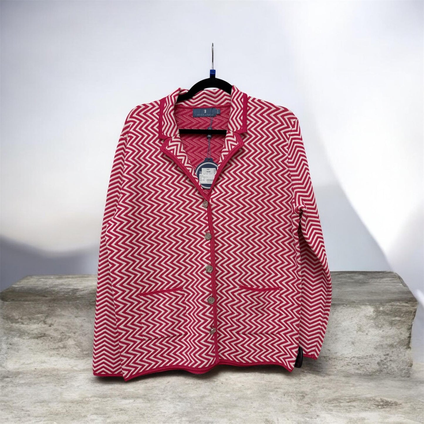 Dm186 Stripe Lapel Collar Cardigan Fushia/White