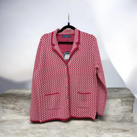 Dm186 Stripe Lapel Collar Cardigan Fushia/White