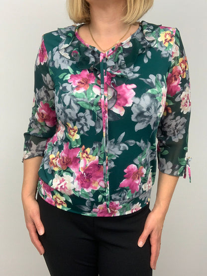 Ed201 Ruffle Collar 3/4 Slve Print Top Green
