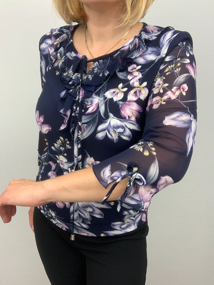 Ed204 Ruffle Neck Print 3/4 Slve Top Navy/Pink
