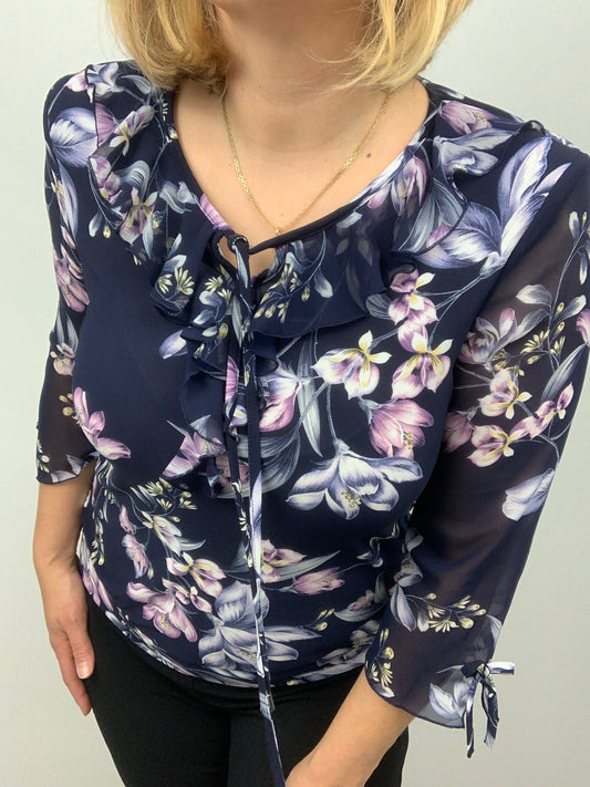 Ed204 Ruffle Neck Print 3/4 Slve Top Navy/Pink