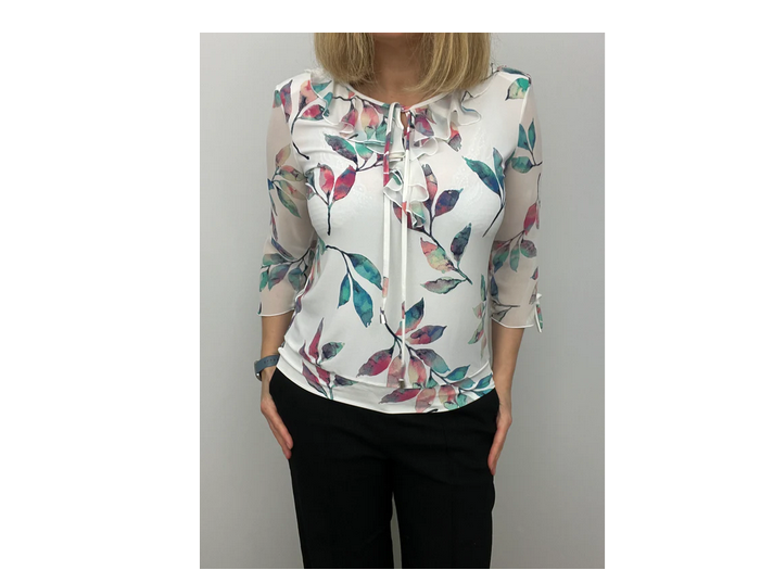 Ed205 RUFFLE NECK 3/4 SLVE PRINTED TOP white/mint