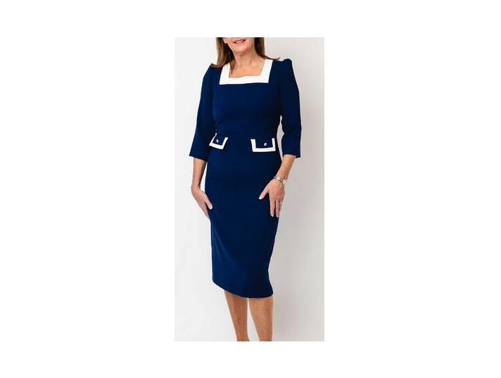 Faye Midi Straight Square Neck Dress Navy/White