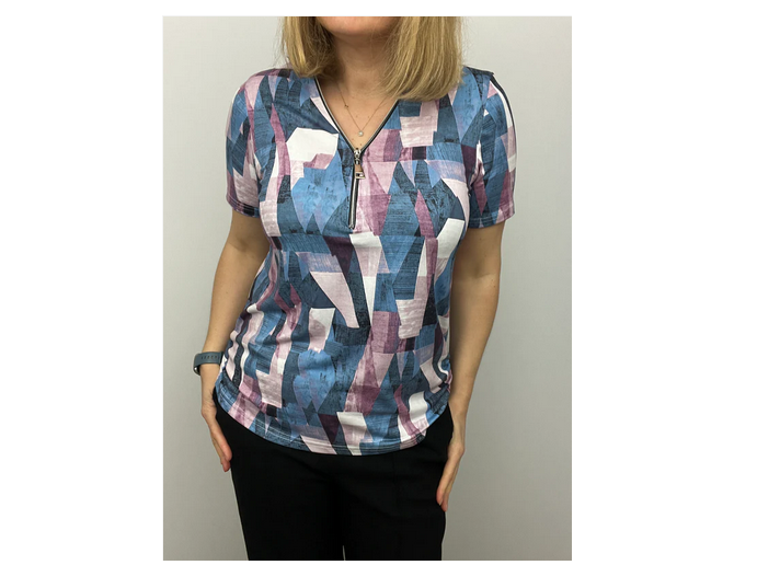 Fln112 S/S PRINTED ZIP TOP Blue/Pink
