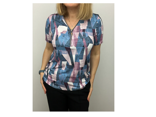 Fln112 S/S PRINTED ZIP TOP Blue/Pink