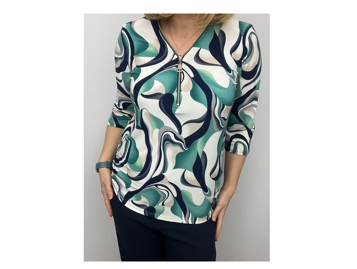 Fln117 ZIP NECK 3/4 SLVE PRINTED TOP NAVY/MINT