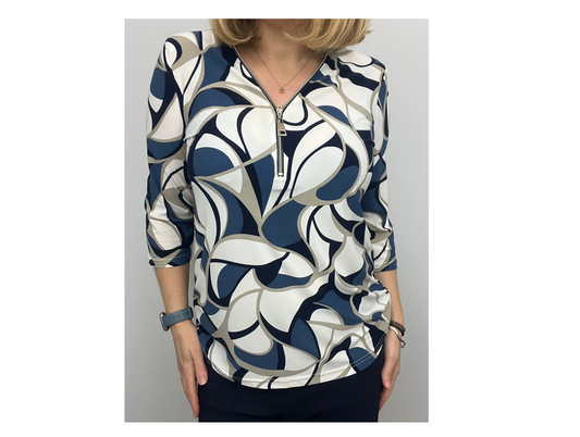 Fln117 ZIP NECK 3/4 SLVE PRINTED TOP Navy/Blue