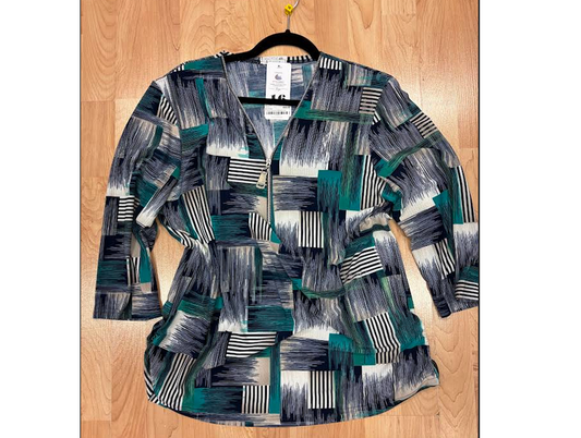 Fln117 ZIP NECK 3/4 SLVE PRINTED TOP Navy/Green