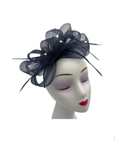 Ft268-A Loop Bow Fascinator With Feather Navy