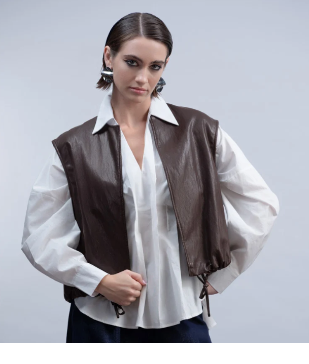 H2010 SLEEVELESS BLACK LEATHER BOMBER WAISTCOAT Brown