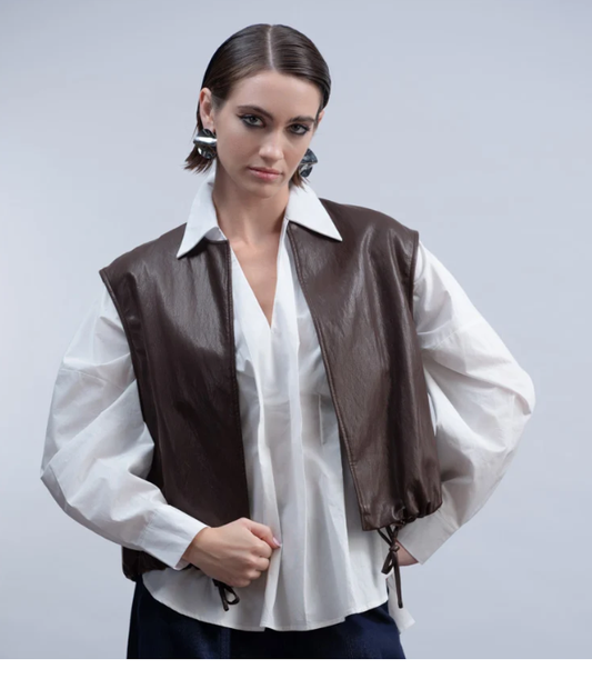 H2010 SLEEVELESS BLACK LEATHER BOMBER WAISTCOAT Brown