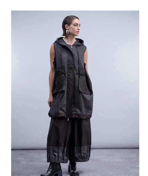 H2034 HOODED WAISTCOAT PULLSTRING WAIST Black/Grey