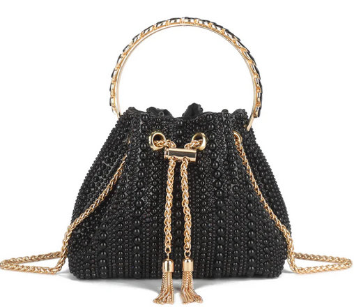 H3456 Beaded Small Bling Handle Clutch B Black