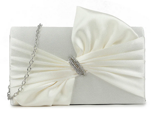 H3460 Satin Bow Front Bling Clutch Bag Ivory