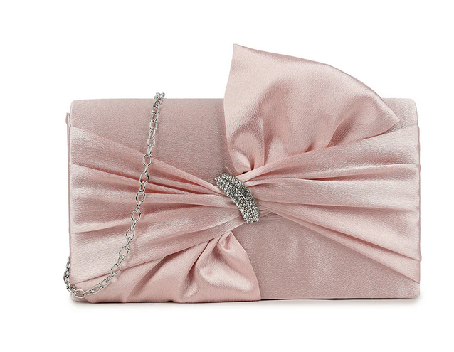 H3460 Satin Bow Front Bling Clutch Bag Pink