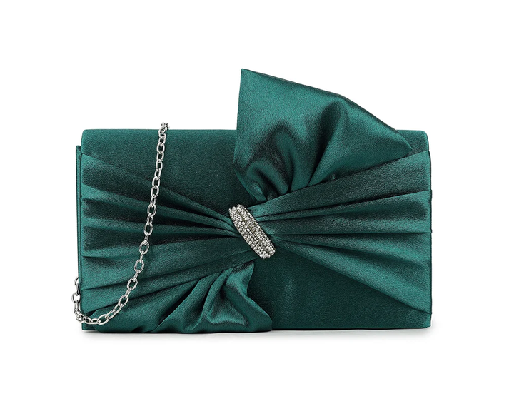 H3460 Satin Bow Front Bling Clutch Bag Green
