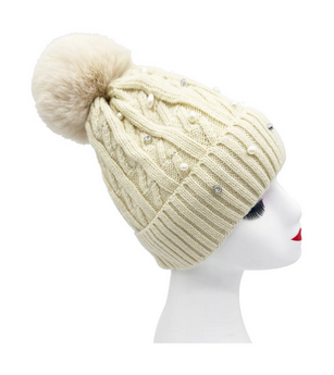 Ht2411-086 Pearl Wooly Hat With Pompom Beige