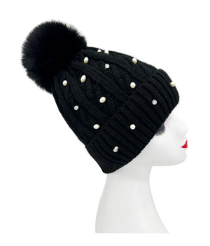 Ht2411-086 Pearl Wooly Hat With Pompom Black