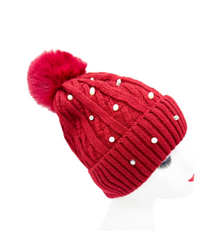 Ht2411-086 Pearl Wooly Hat With Pompom Maroon