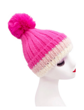 Ht2411-090 Fluffy Hat With Bling And Pom Pink