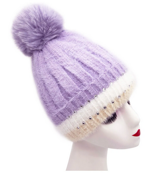 Ht2411-090 Fluffy Hat With Bling And Pom Lilac