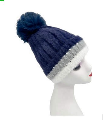 Ht2411-090 Fluffy Hat With Bling And Pom Navy