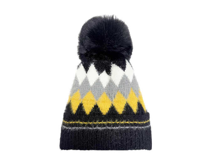 Ht25105-322 Diamond Print Pom Pom Hat Black