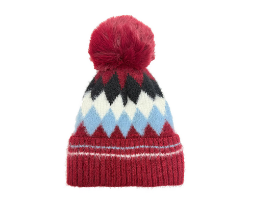 Ht25105-322 Diamond Print Pom Pom Hat Maroon