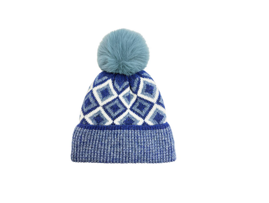 Ht25105-325 Arg Print Pom Pom Beanie Hat Blue