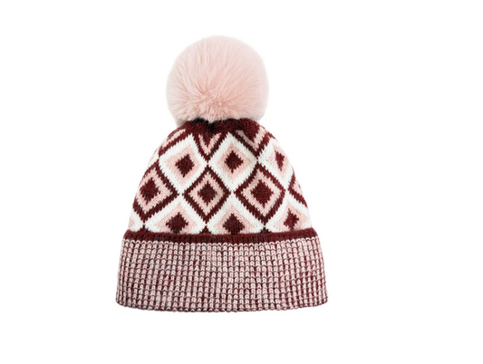 Ht25105-325 Arg Print Pom Pom Beanie Hat Pink