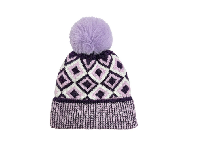 Ht25105-325 Arg Print Pom Pom Beanie Hat Purple