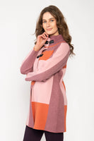 Jg28529 High Neck Long Cardi Leather Cla Wine/Pink