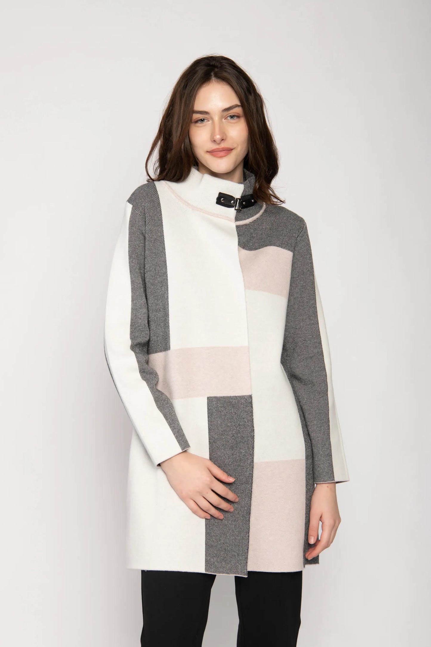 Jg28530 High Neck Long Leather Clasp Car Pink/Grey