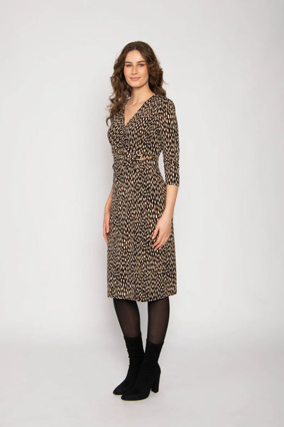 Jg28802 Mock Wrap Print L/S Dress Black/Beige