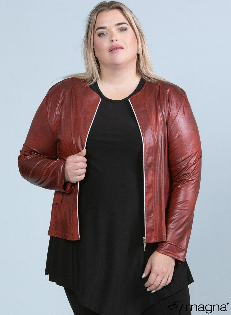 K-0031 Short Leather Look Zip Jacket Wine Red